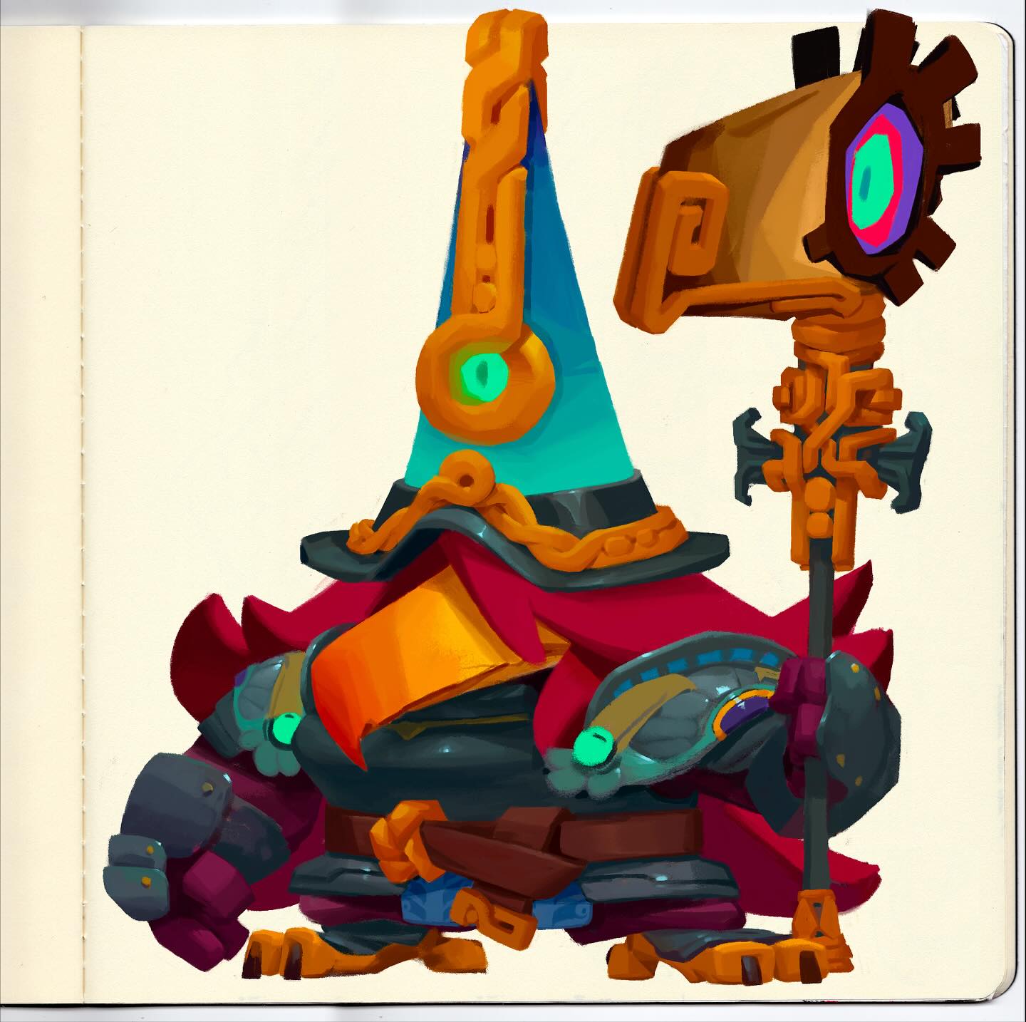 the image is a digital painting of a fantasy character.  the character appears to be a birdlike creature, possibly a stylized toucan or similar avian species, wearing elaborate armor and a tall, pointed hat.  the hat and other parts of its attire are adorned with golden details and what seems to be stylized ancient symbols.  the creature carries a large, intricately designed staff which also features golden ornamentation. its armor is a mix of dark tones and jewellike colors.  the overall style is reminiscent of concept art for a video game or animated film, showcasing a blend of fantastical elements and meticulous design. the illustration is displayed on a sketchbook page, suggesting it's a piece of early design work.