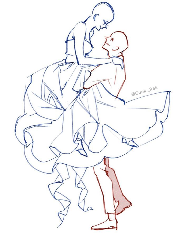 a simple line art drawing of a couple embracing. the woman is wearing a dress and is being held by the man. the couple is looking into each other's eyes. the drawing is in blue and red ink and signed by the artist "gurek_rak".
