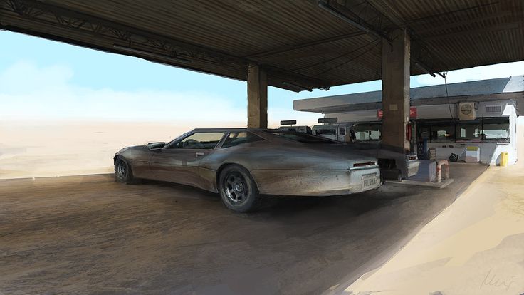 the image depicts a dusty car parked at an old gas station located in a desert. the scene is overcast, and the gas station appears weathered. the gas station features a canopy supported by pillars, a storefront, and gas pumps. the car is the main subject of the image, and the desert landscape provides a stark backdrop.