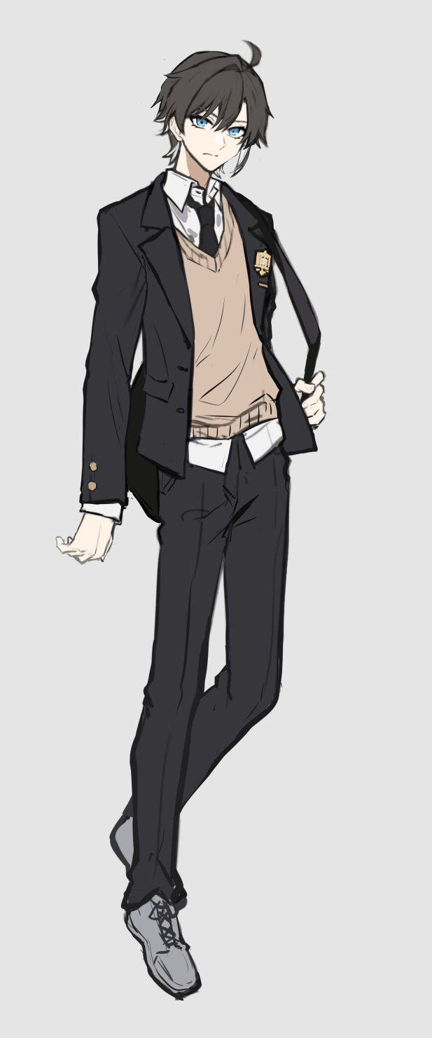 a drawing of a young man in a school uniform. he is wearing a black blazer, a beige sweater vest, a white shirt, a black tie, black pants, and gray shoes. he has short gray hair and blue eyes. he is standing with his right hand on his hip and his left hand holding his blazer strap.