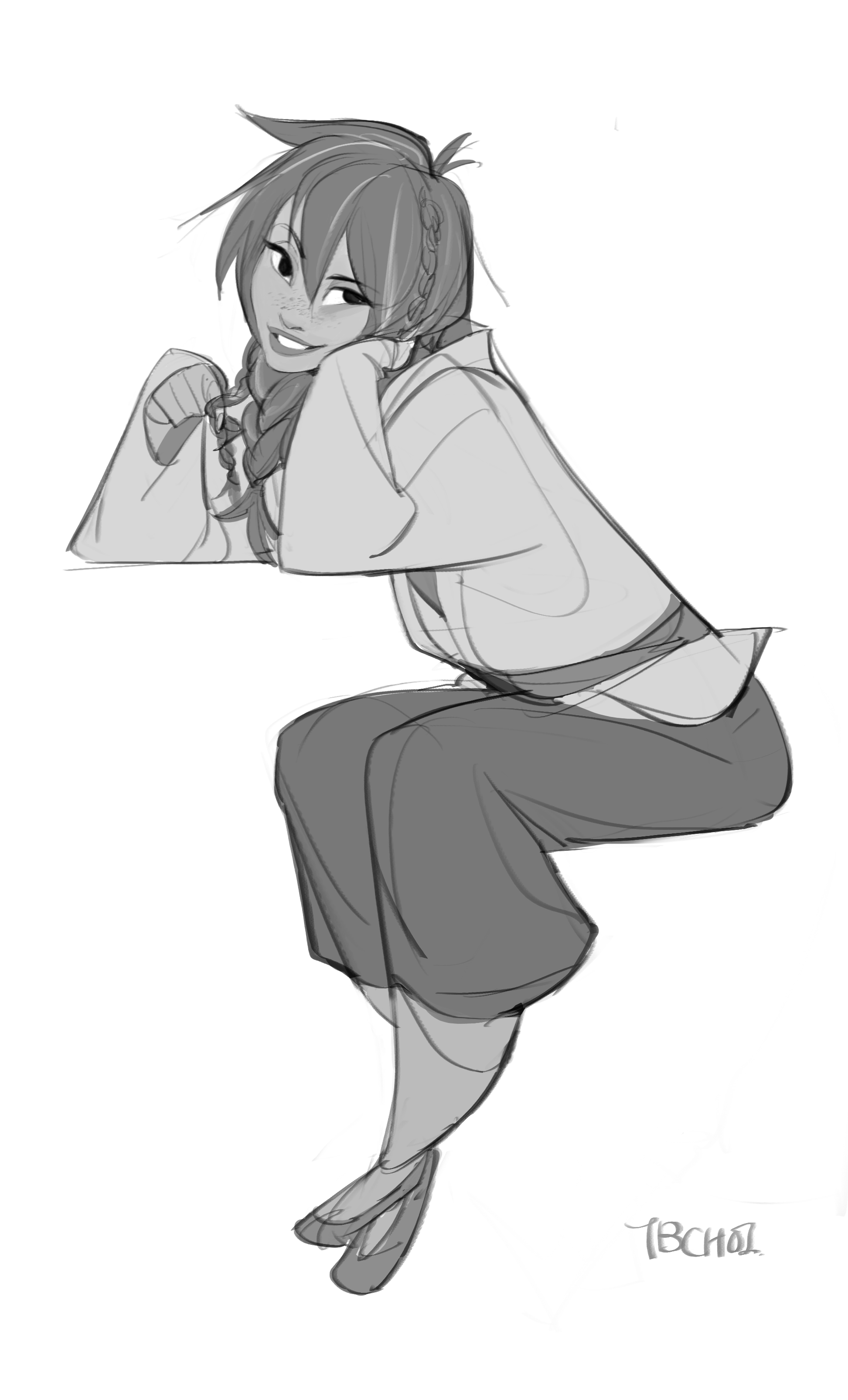 the image is a grayscale sketch of a young woman, possibly an anime or mangastyle character.  she's sitting with her legs tucked to the side, leaning forward slightly with her hands near her face. she has loose, flowing clothing that seems inspired by asian styles, a relaxed pose, and a happy, confident expression. the style is loose and expressive, prioritizing the character's pose and expression over precise detail. the background is plain white. there is a faint artist signature present in the bottom right corner.