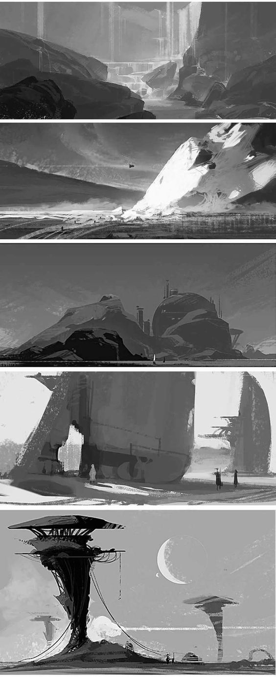the image is a series of five grayscale concept art pieces, likely for a science fiction or fantasy setting.  each panel shows a different aspect of a desolate, alien landscape. the first panel depicts a canyonlike valley. the second shows a large, snowcovered rock formation in a flat expanse.  the third displays a rocky mountain range with industriallooking structures nestled amongst the rocks. the fourth depicts large, futuristic structures or ruins in a barren landscape. the final panel showcases a more developed landscape with unique, tall, organiclooking structures reminiscent of trees or buildings, along with a large moon in the sky.  the style is painterly and loose, with a focus on atmosphere and mood rather than sharp detail.  the overall impression is one of mystery and isolation.