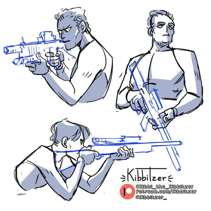 this is a digital drawing depicting three different people holding rifles in different poses. the drawing is done in shades of blue and gray and the background is white. the artist has signed the drawing in the lower right hand corner. the artist's social media name is @kibbitzer_.