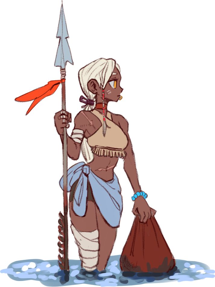 a woman stands with a spear in her right hand and a bag in her left. she has a bandage wrapped around her leg. she has a tan skin tone, a white top, and a blue wrap around her hips. she is standing in the water which appears to be a lake or ocean.  her hair is white and her eyes are yellow.