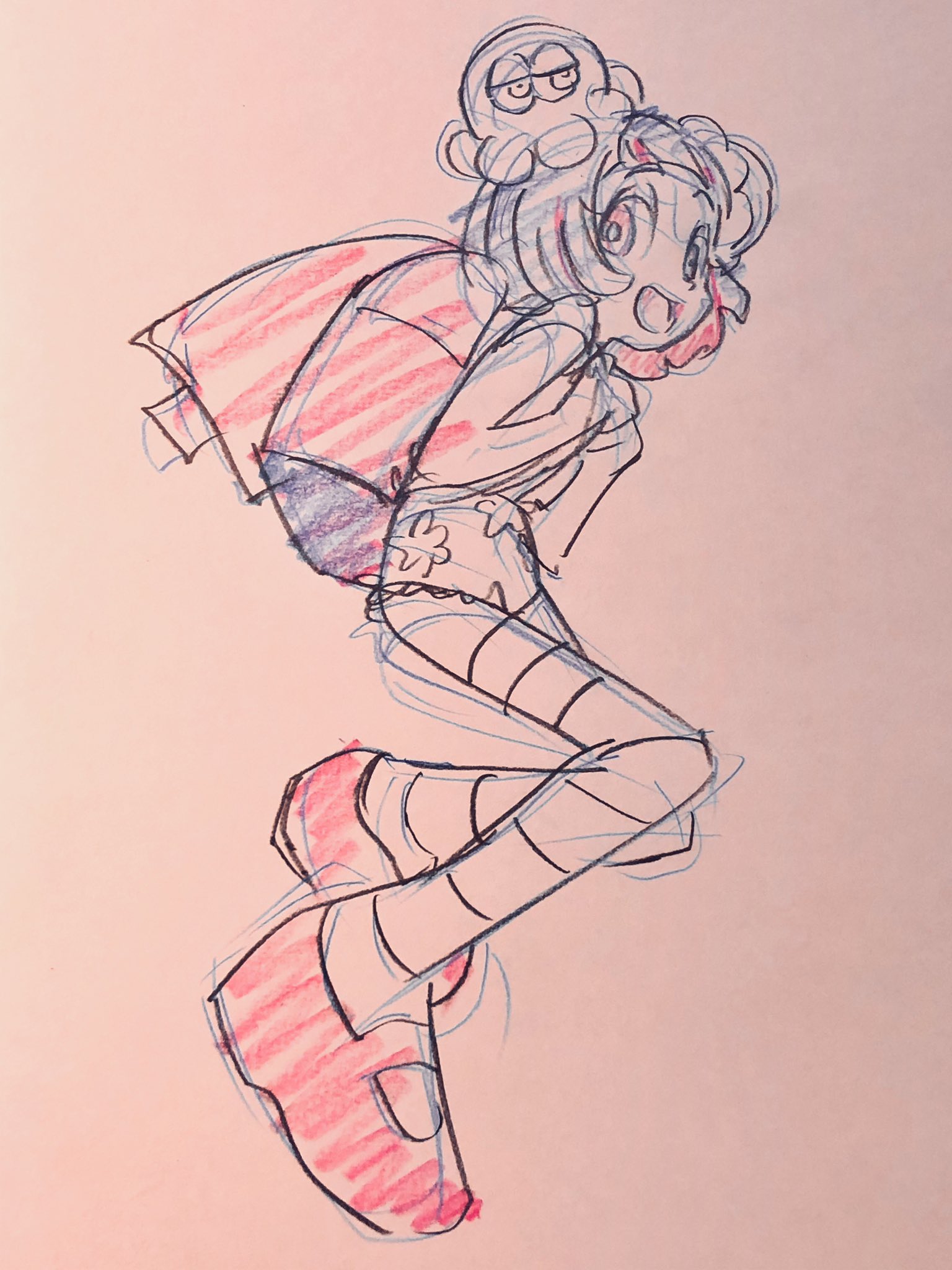 the image is a sketch of a girl with curly hair pulled back with a scrunchie. she is wearing a striped shirt, a skirt with flower patterns, striped stockings, and platform shoes. she is positioned in a way as if she is midjump. the sketch seems to be drawn with red and blue pens.