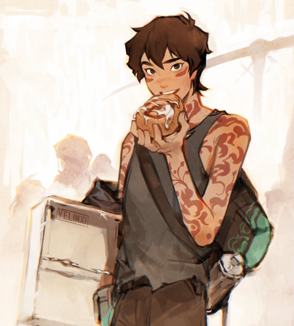 a digital illustration of a young male character with short, brown hair and brown eyes, styled in an animelike manner. he has fair skin and noticeable tattoos on his arms. he is smiling and holding a cinnamon roll in his hands, as if about to take a bite. he is wearing casual clothing: a dark tank top and brown pants. a backpack is slung over one shoulder. in the background, there is a white object labelled "velinxi" and blurry figures, suggesting a busy environment. the artwork has a sketchlike quality with visible brushstrokes and soft lighting.