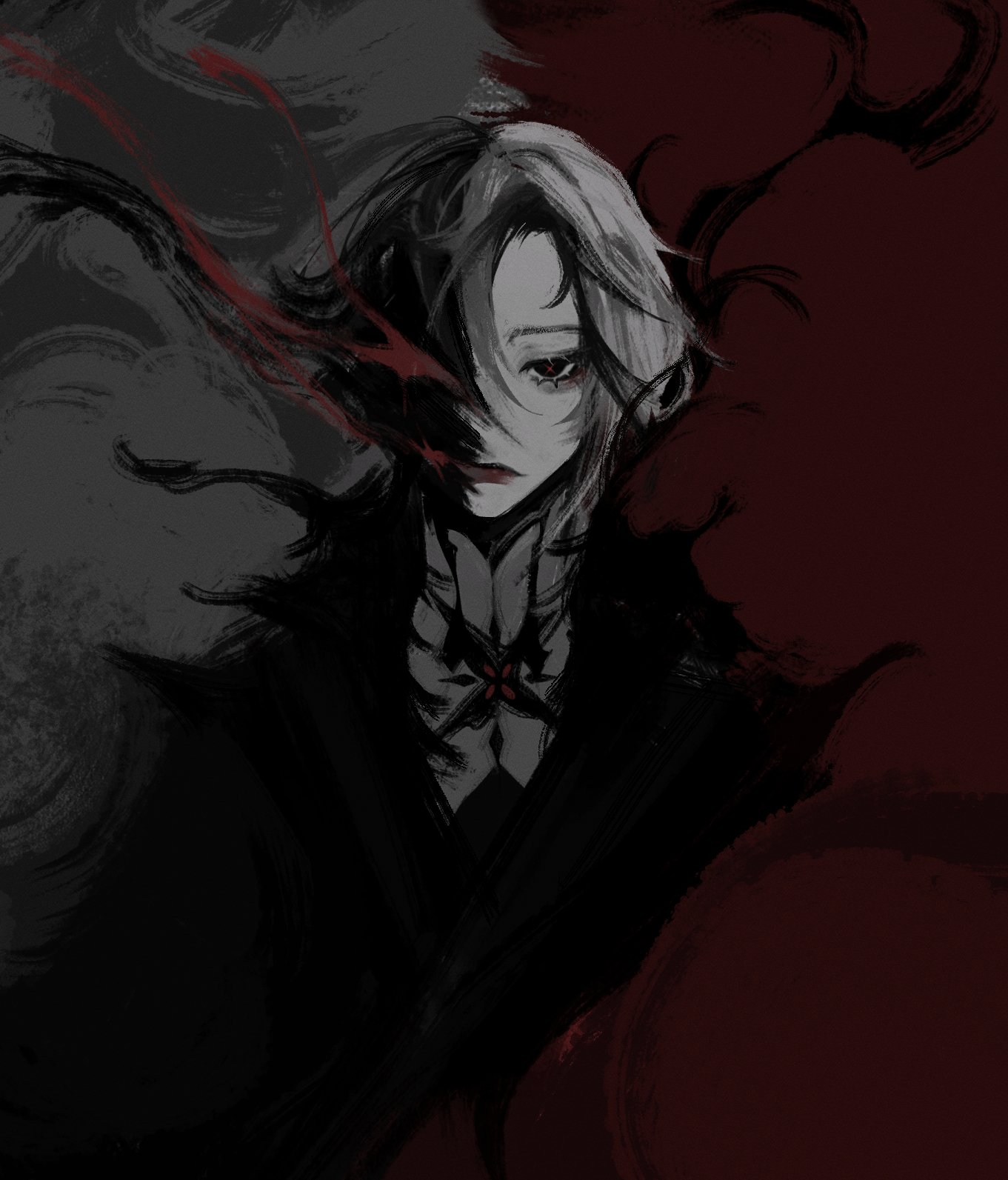 a black and white anime character portrait, with a red background. the character is partially obscured by shadow, creating a mysterious and dark feel.  the image is digitally drawn, with a stylized, almost fantasylike style.
