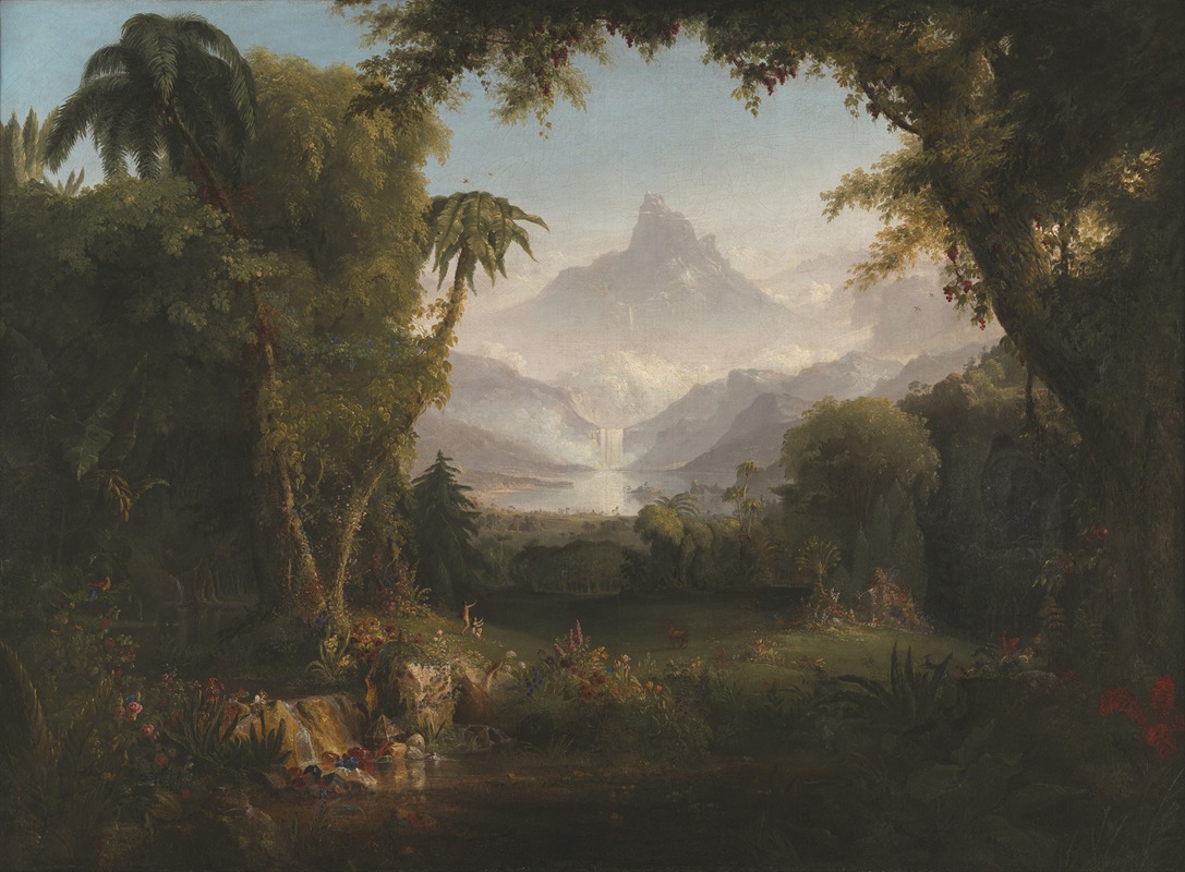 a romantic landscape painting depicting a serene, idyllic wilderness scene. in the background, a mountain range with a prominent peak is visible, with a waterfall cascading down into a valley. the foreground features lush vegetation, including a variety of trees and tropical plants, framing a peaceful pond or stream. flowers bloom along the banks, and deer graze in the meadow. the overall atmosphere is one of beauty, tranquility, and paradise, reminiscent of the garden of eden. the style is characteristic of the hudson river school, particularly the works of thomas cole.