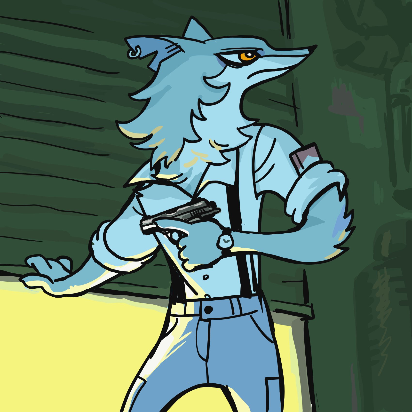a cartoon wolf wearing a light blue buttondown shirt, dark blue jeans, and suspenders, has their right hand holding a pistol while their left hand is out and reaching forward. the wolf is looking to the right of the frame. the background is made of green wooden slats.