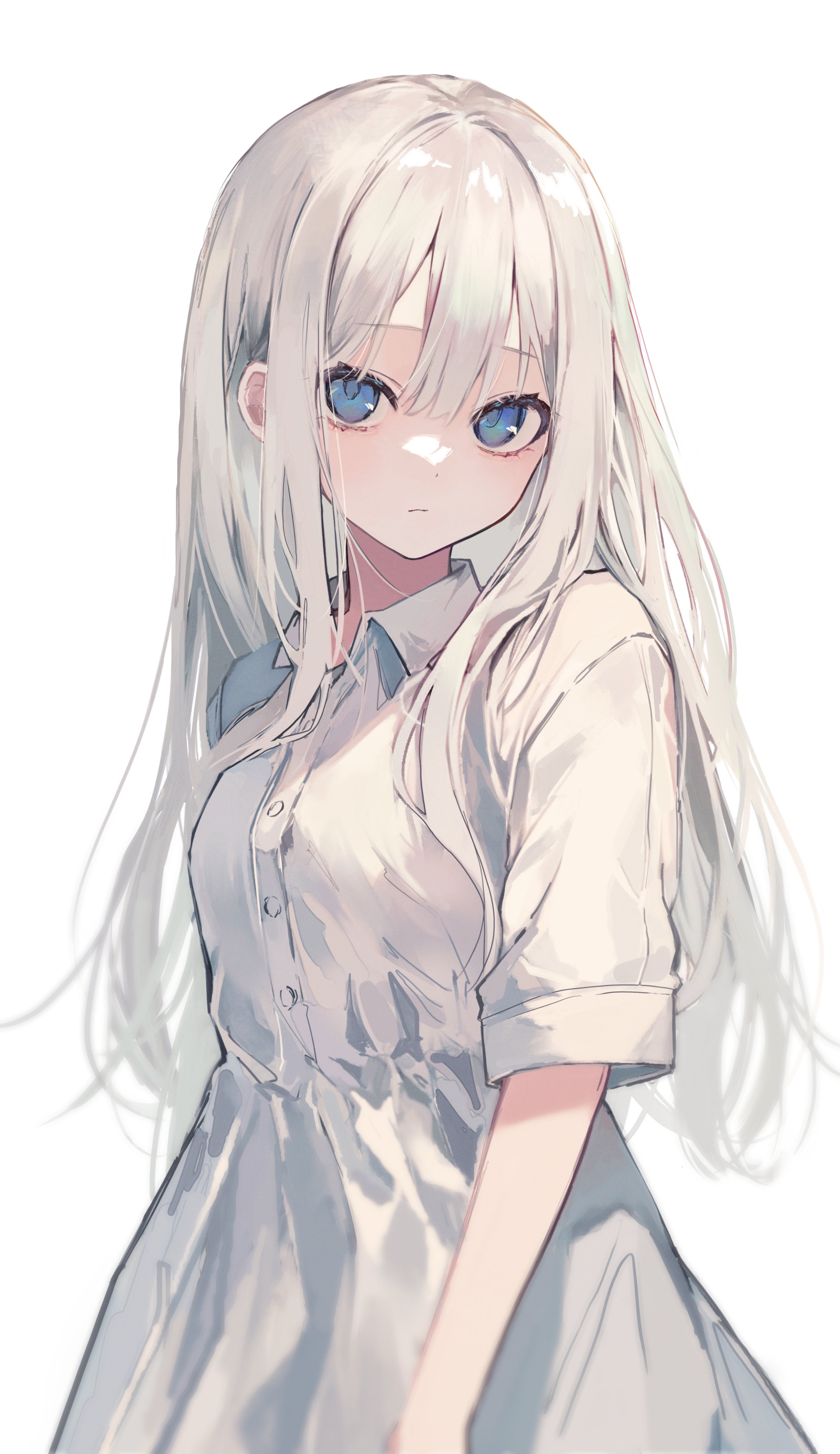 the image is a digital drawing of an anime girl. she has long, flowing white hair and bright blue eyes. she is wearing a simple, light gray buttonup dress. the style is soft and delicate, with a focus on gentle lines and pale colors. the overall impression is one of innocence and cuteness.