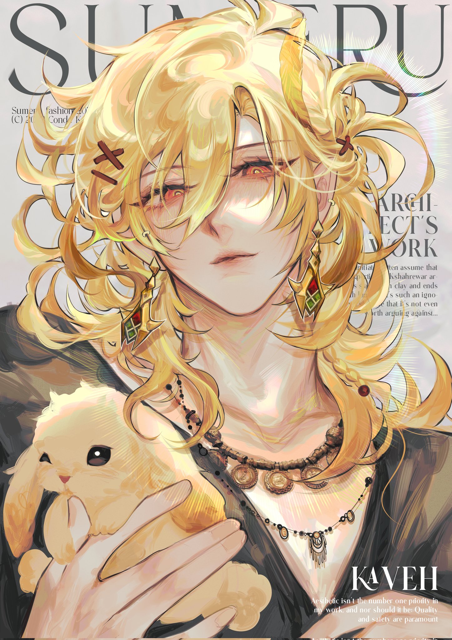 he image is a digital fanart depicting kaveh, a character from the game genshin impact. he is a young man with long, wavy blonde hair, adorned with intricate earrings and necklaces. he holds a small, fluffy, lightyellow bunny in his hands. the artwork is in an anime/manga style, with a focus on soft, blended colors and details.  the background features a stylized magazine cover design with text referencing "sumeru fashion" and "architect's work," suggesting a thematic connection to kaveh's ingame role and personality. the overall style is elegant and visually appealing, with the character and his pet rabbit in the center and the magazine text forming a stylish backdrop.
