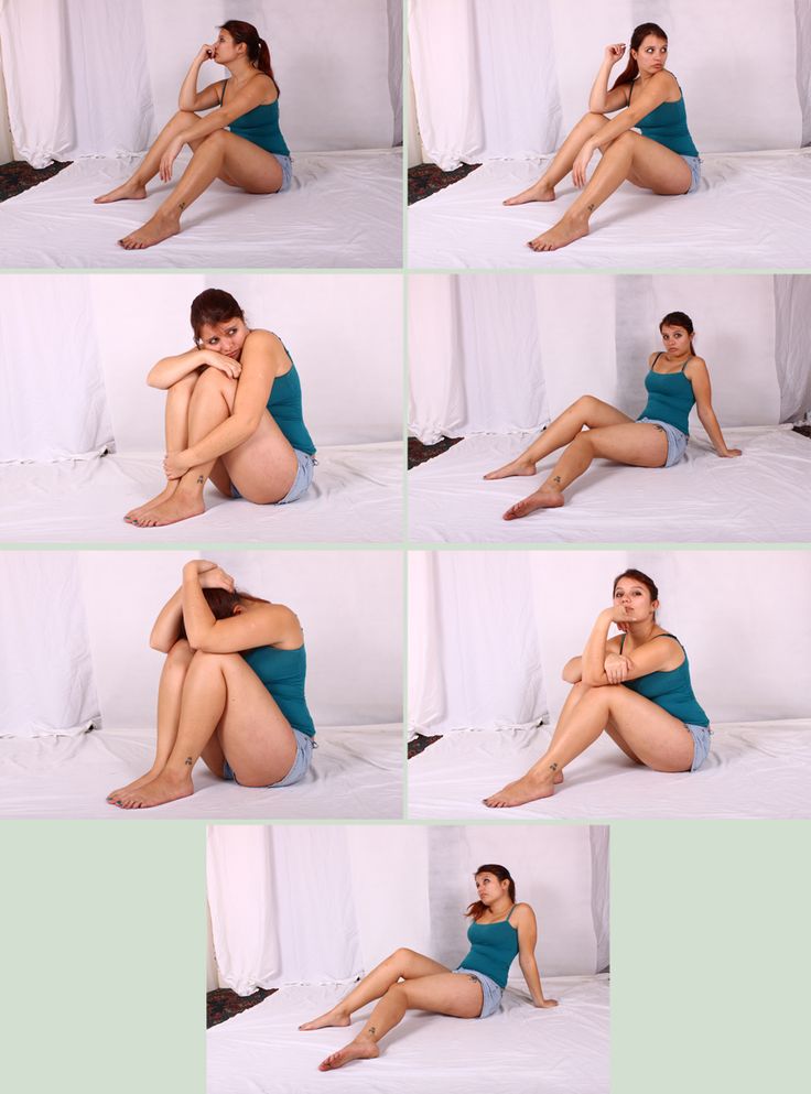 this image collage is a compilation of six different poses of a woman, all showcasing her beauty and casual elegance.  each pose has a different mood and feel, with the woman looking contemplative, relaxed, and even a little sad. she is wearing a light blue tank top and denim shorts.  the images are taken in a studio setting against a white background.