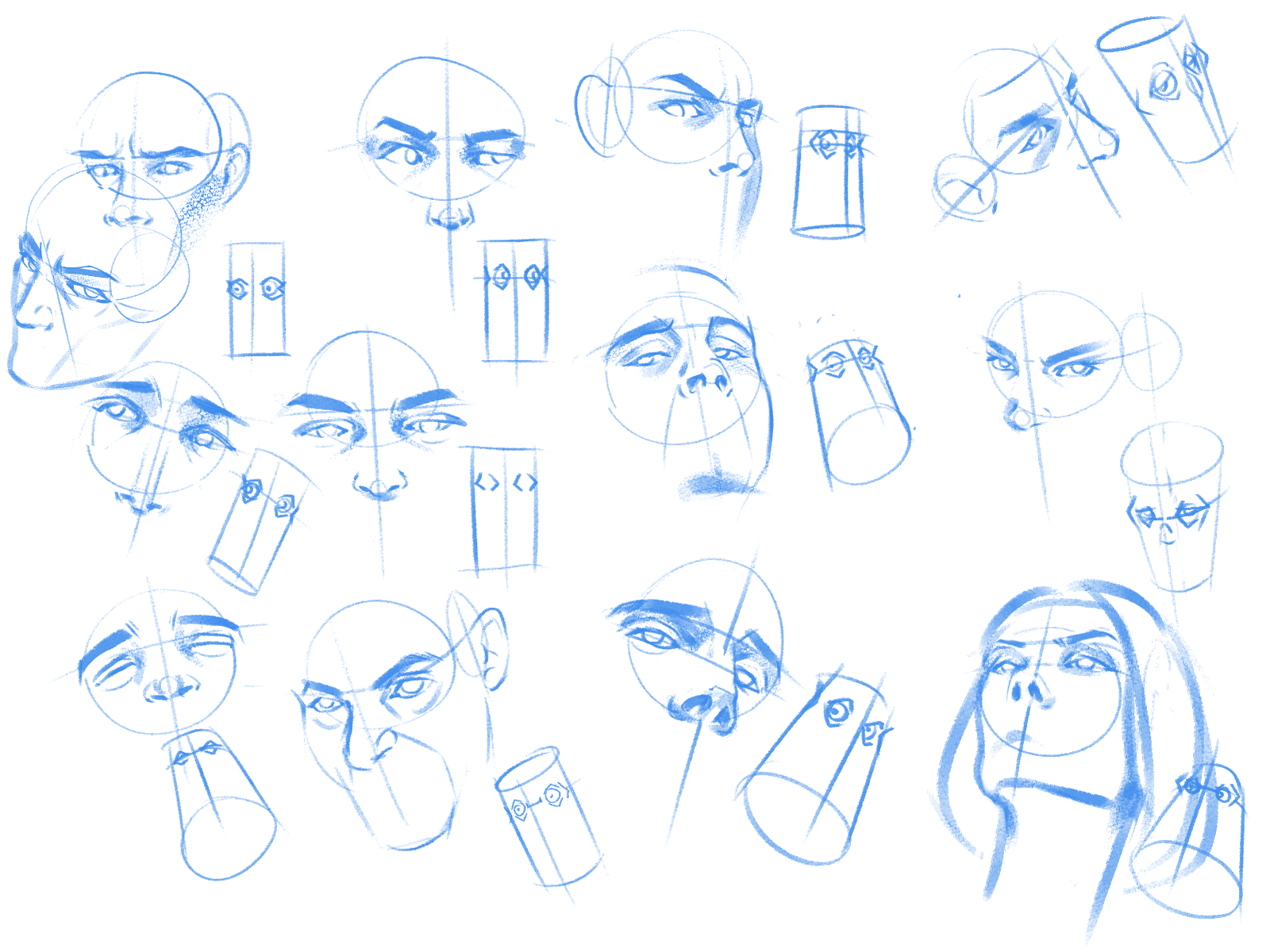 this is a sketch of different faces in various angles. they're all done with blue pencil and some have construction lines around them. it's a study of facial anatomy and structure.