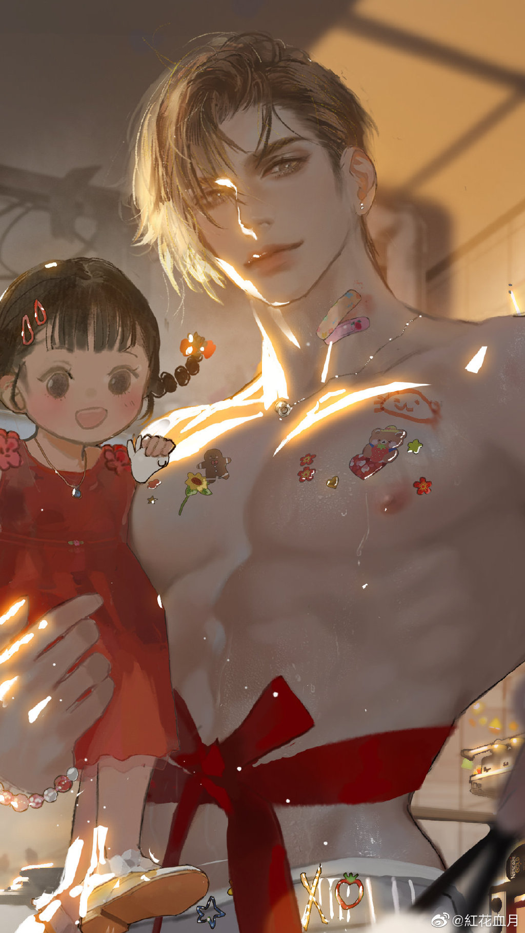 a shirtless man with blonde hair is holding a cute little girl in his arms. the man is smiling, and the little girl is also smiling. they are both wearing red and have a red bow around their waist. the background is blurry and there is a red bow and other decorative items around them.