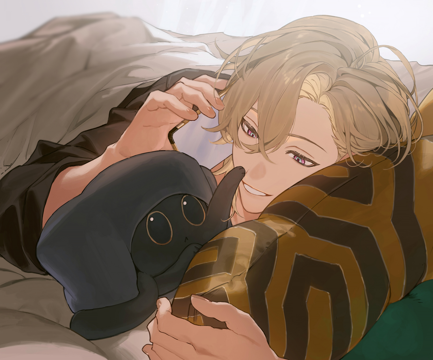 he image is a digital illustration of an animestyle young man with blonde hair and purple eyes. he's lying in bed, seemingly relaxed and happy. he's holding a darkcolored plush toy and a cell phone, and he's resting his head on a patterned pillow. the overall style is soft and dreamy, with warm lighting and a focus on comfort and relaxation.  the scene suggests a moment of peaceful rest or contemplation.