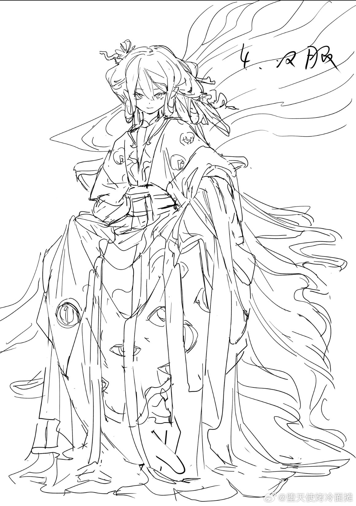 a line drawing of an animestyle girl in a flowing kimono. she is seated and her hair is long and wavy. the style is reminiscent of manga and suggests a fantasy or mystical setting. the drawing is detailed and expressive. the artist's signature is visible in the upper right corner.