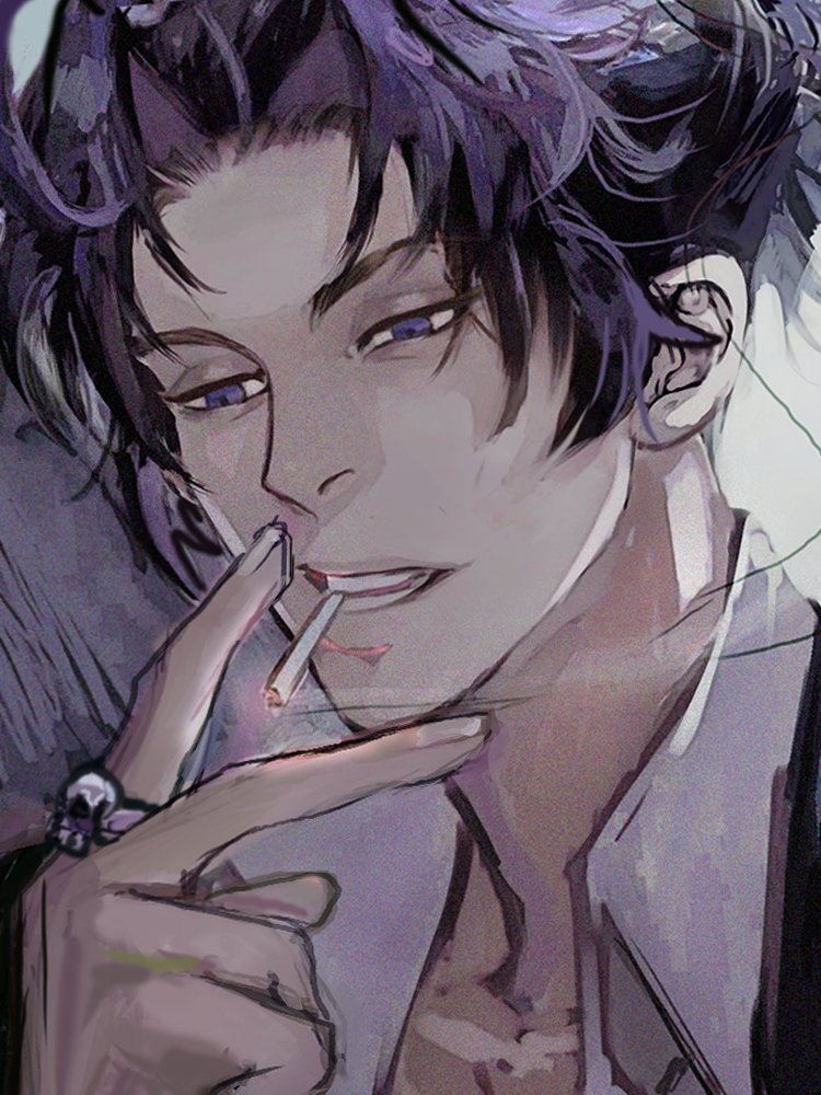 a closeup portrait of a handsome anime male character with dark purple hair and a white shirt. he is smoking a cigarette and has a cool, mysterious expression on his face. he is wearing a ring on his hand. the image is drawn in a manga style with soft, muted colors.