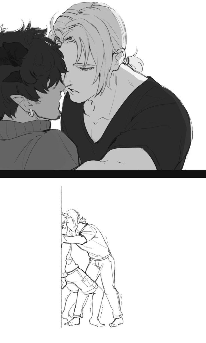 the image shows two illustrations of a yaoi couple. the top illustration is a closeup of two men appearing about to kiss, while the bottom illustration depicts one man pinning the other against a wall. both illustrations are in black and white.