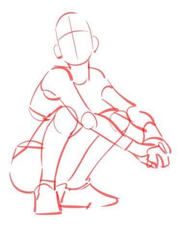 a simple drawing in red lines of a person crouching down with their hands in front of them. it is drawn in a simple style, with little detail.