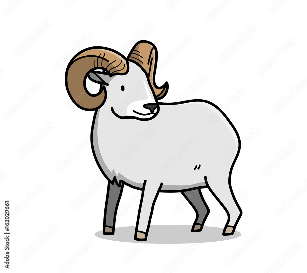 a cartoon sheep with brown horns is depicted in a light grey color, standing on a white background. the sheep has a cute expression on its face, with a slight smile. the illustration is drawn in a simple, cartoon style.