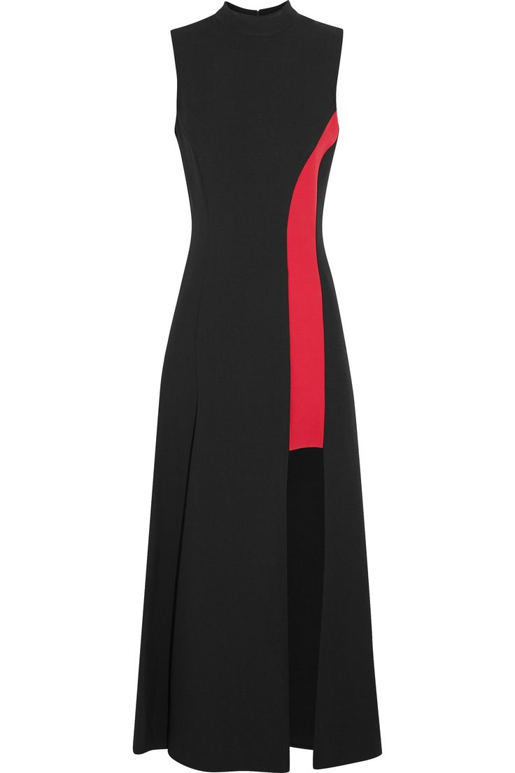 the image shows a black maxi dress with a red panel on the side. the dress is sleeveless and has a high neck. there is a slit in the front of the dress. the dress is made of a smooth, possibly crepelike material.  the style is sleek and minimalist with a bold color contrast.