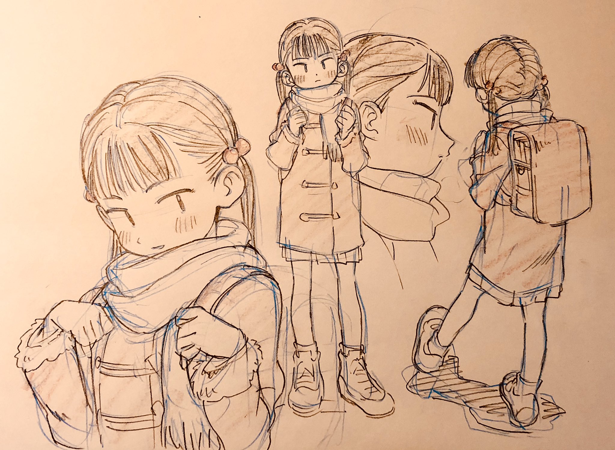 this is a sketch page of a young anime girl in a school uniform getting ready for the cold weather. she has on a blue scarf and a brown coat. the different angles show how to draw the character in motion and from different perspectives.