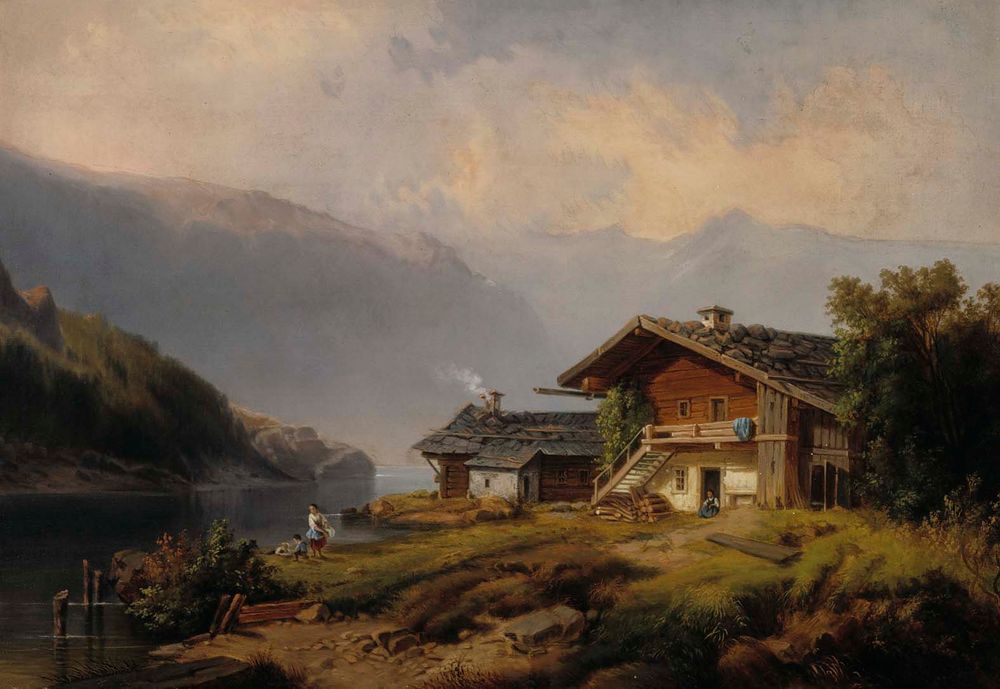 a landscape painting shows a lake surrounded by mountains and foliage, with several wooden cottages nestled on the shore. a woman stands near the water with sheep, and smoke rises from one of the chimneys. the sky is filled with clouds, and the scene has a peaceful, pastoral quality.