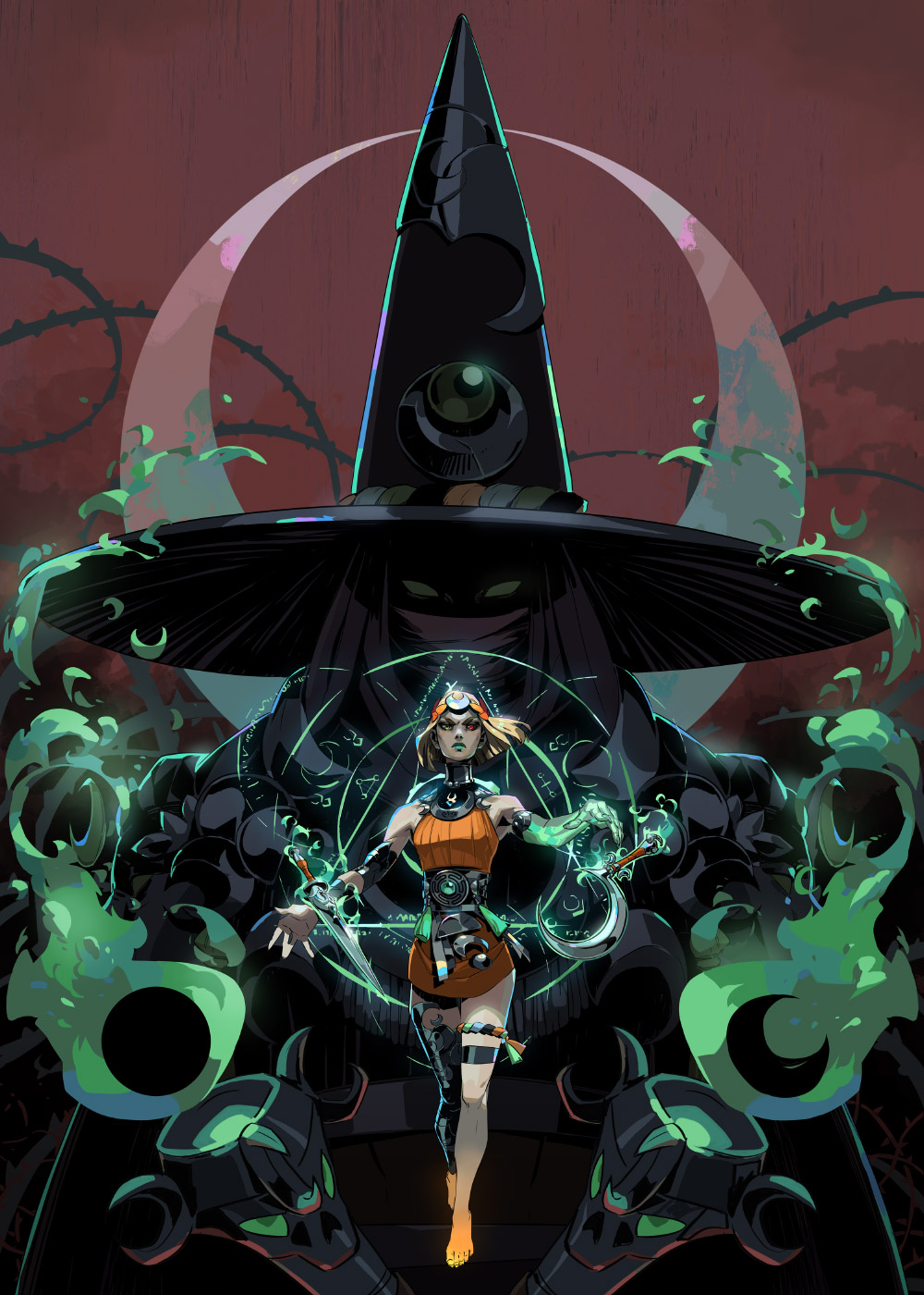 a woman in a black hat stands in front of a shadowy figure, holding a glowing green weapon. the woman is wearing an orange top and has blonde hair. the background is dark and mysterious, with a crescent moon in the upper right corner. the image is a digital illustration and is likely from a fantasy or scifi story.