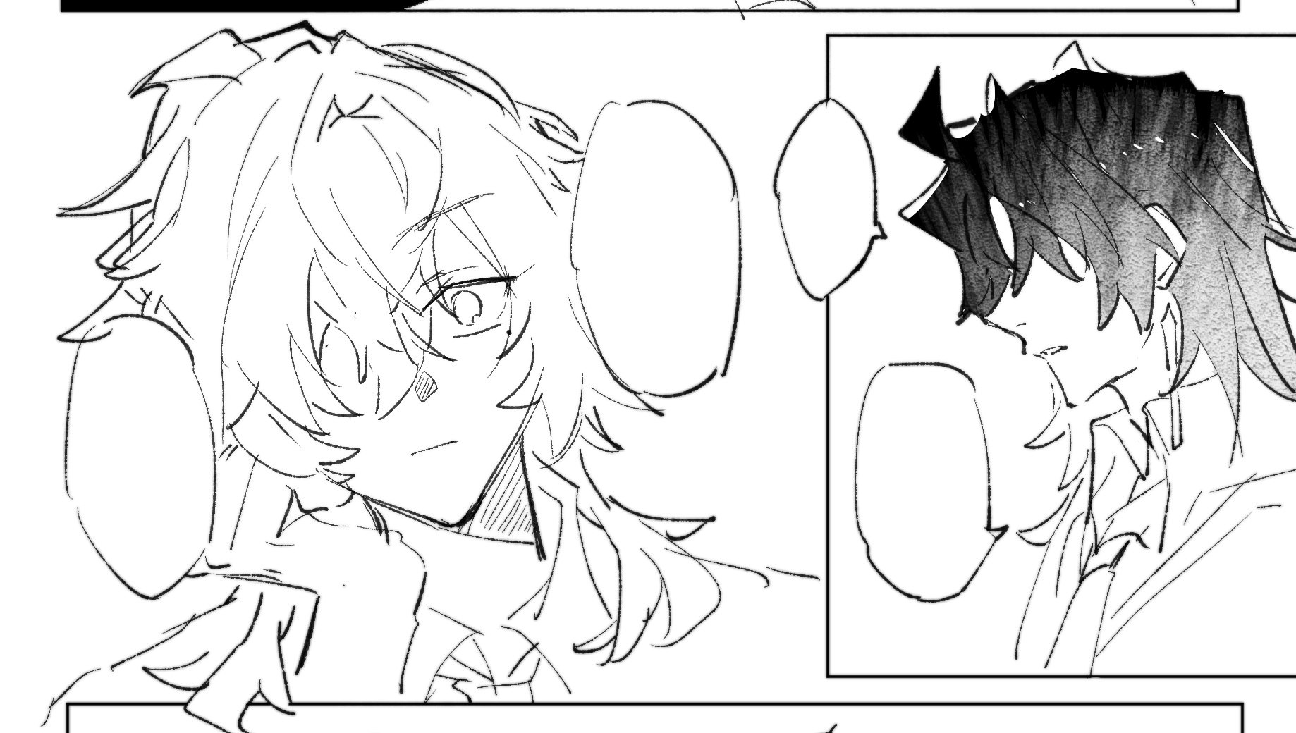 a black and white manga panel featuring two young men. the man on the left is looking to the right and has a gentle expression. he has long, flowy hair and is wearing a simple shirt. the man on the right has short hair, is looking away, and appears to be having a serious conversation with the man on the left.  there are speech bubbles in the image indicating that there is dialogue happening.  the art style is simple and expressive, with the focus on the characters' emotions.