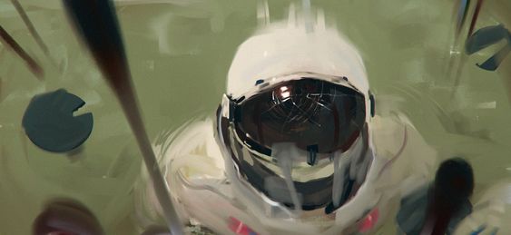 an astronaut is partially submerged in water, their helmet and upper torso visible. the image is taken from a low angle, looking up at the astronaut from within the water. the astronaut's visor reflects a distorted view of their surroundings, creating an unsettling and dreamlike atmosphere. the color palette is muted and watery, further adding to the feeling of being submerged.