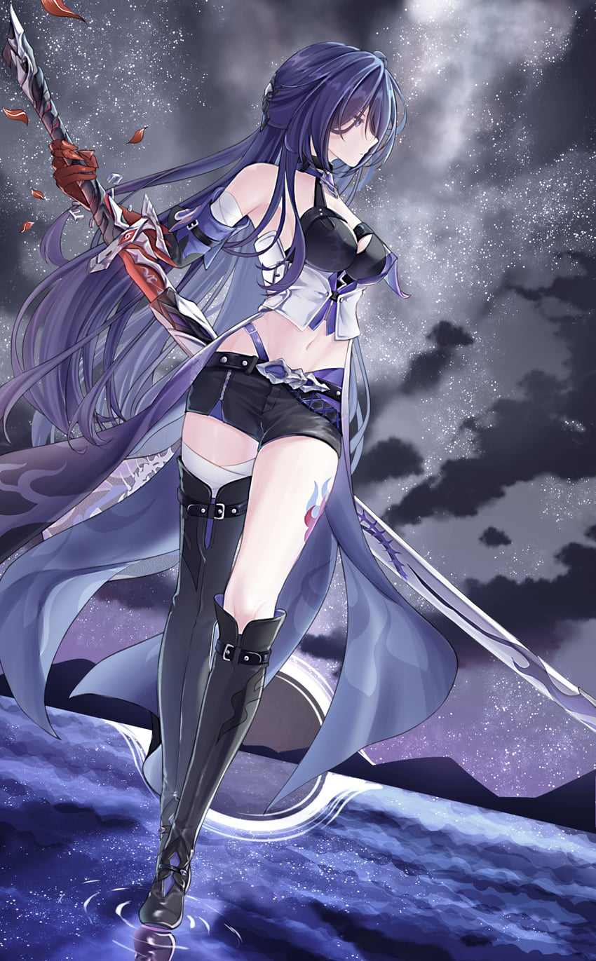 a young woman with long, purple hair stands in the water, holding a sword. she is wearing a black and blue outfit. the moon is visible in the sky behind her.