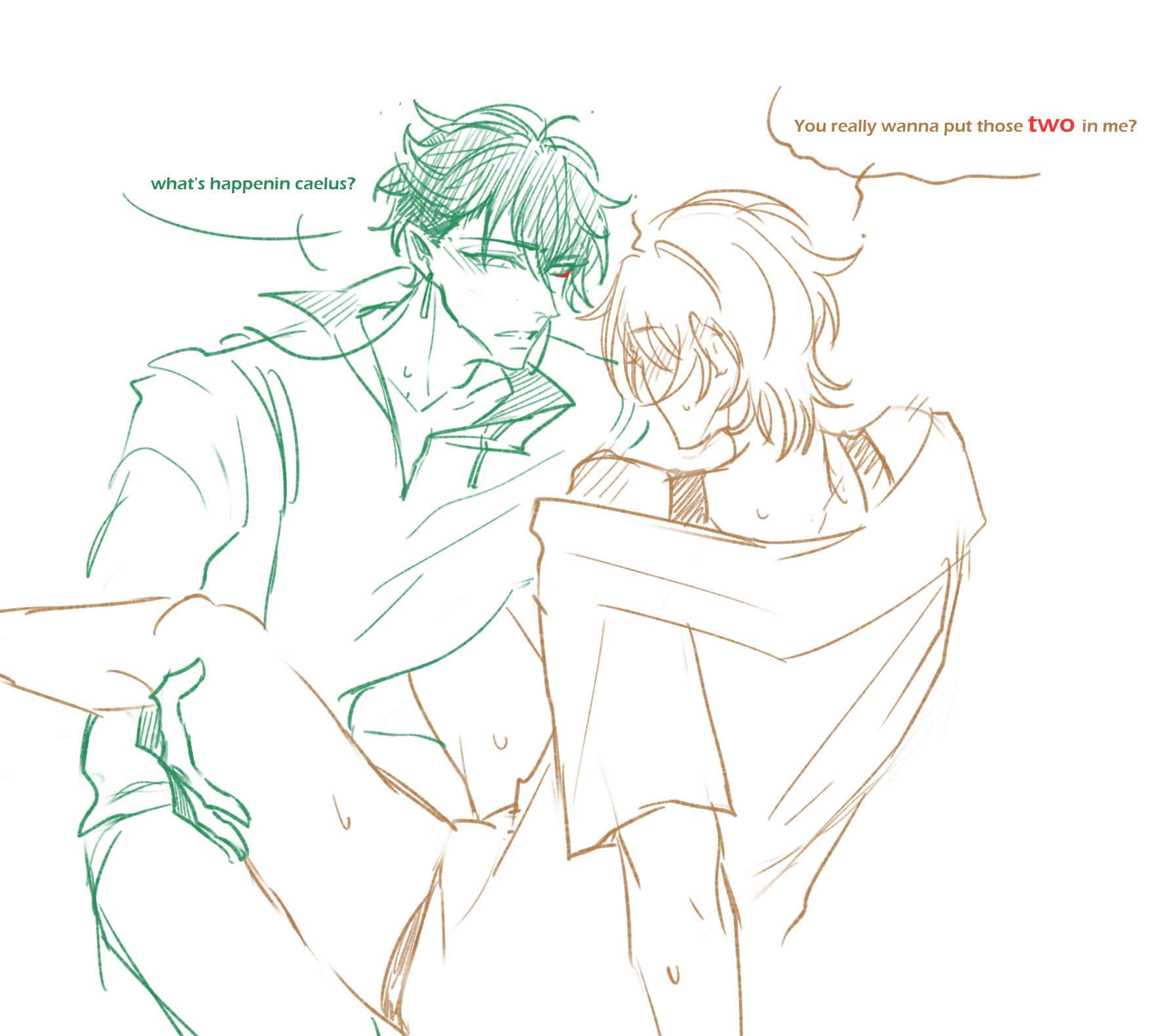 a sketch of two men, one holding the other with his arm around his waist, both