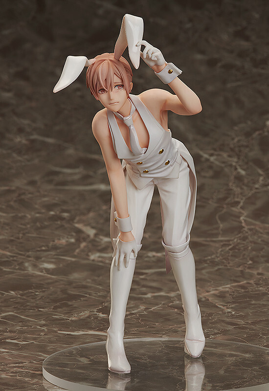 a closeup shot of a meticulously crafted anime figurine, showcasing a male character dressed in a white rabbitthemed tuxedo. the figurine is posed elegantly, with the character holding a pair of rabbit ears, exuding a charming and sophisticated aesthetic.  the details are highly realistic, from the character's delicate features and soft hair to the texture of the clothing. the figurine is presented against a marblelike background, enhancing its overall appeal.  the image is highquality, likely a promotional or product shot.