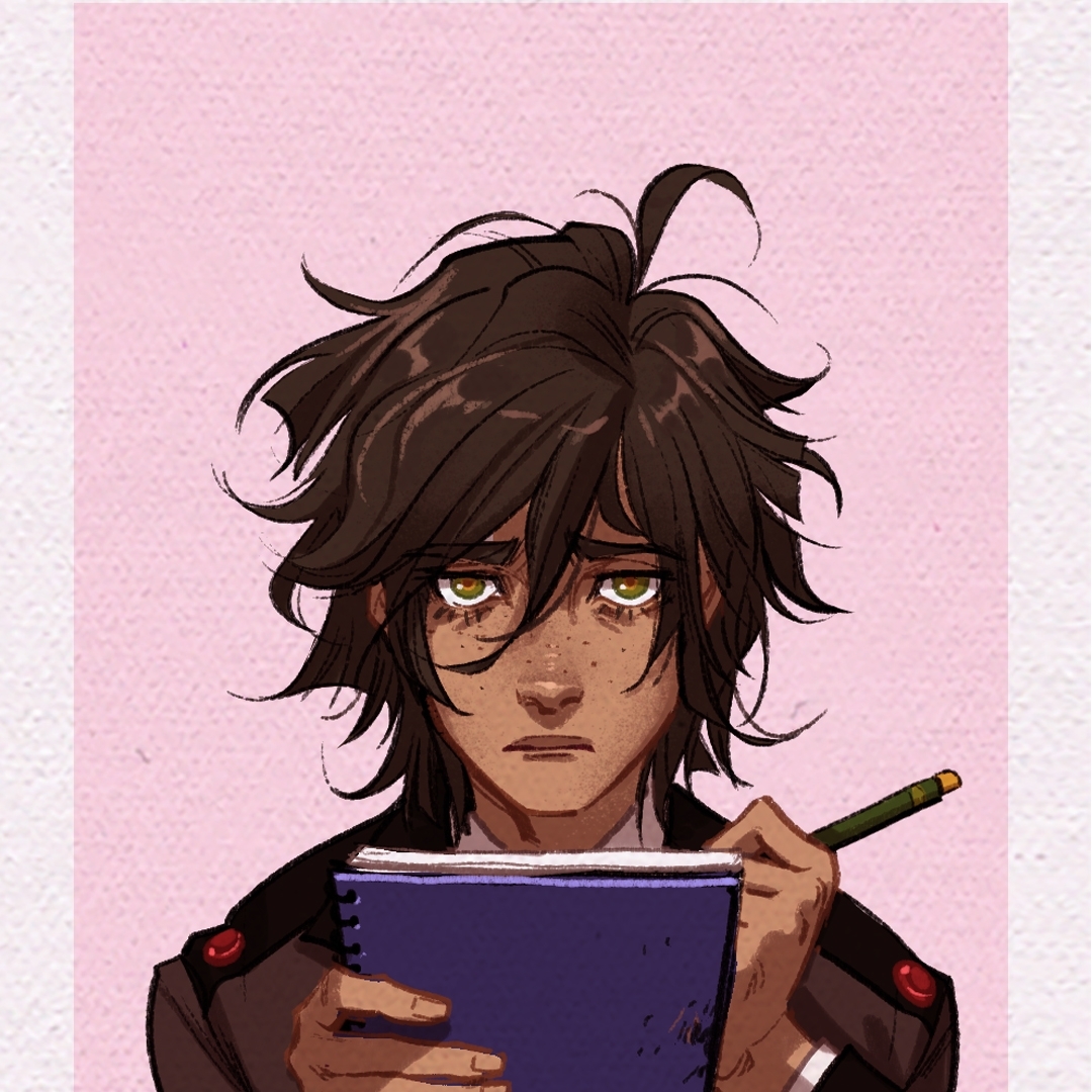 the image is a digital illustration or drawing of a young man with brown, slightly curly hair and freckles. he has a serious, almost worried expression on his face. he's holding a notebook and pencil, seemingly in the midst of writing or drawing. his attire suggests casual or slightly formal wear.  the background is a soft, textured pink. the art style blends elements of anime and manga with a more realistic approach to shading and detailing, creating a semirealistic feel. the overall mood is contemplative and slightly melancholic.