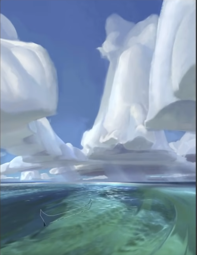 the painting shows a vast expanse of water with a small boat at the center. the water is a clear turquoise blue, and there are gentle ripples on the surface. the sky above is filled with large, puffy white clouds, some of which are so low they appear to be touching the water. the clouds are painted in a soft, dreamy style, and they create a sense of peace and tranquility. the overall effect is one of vastness and aweinspiring beauty.