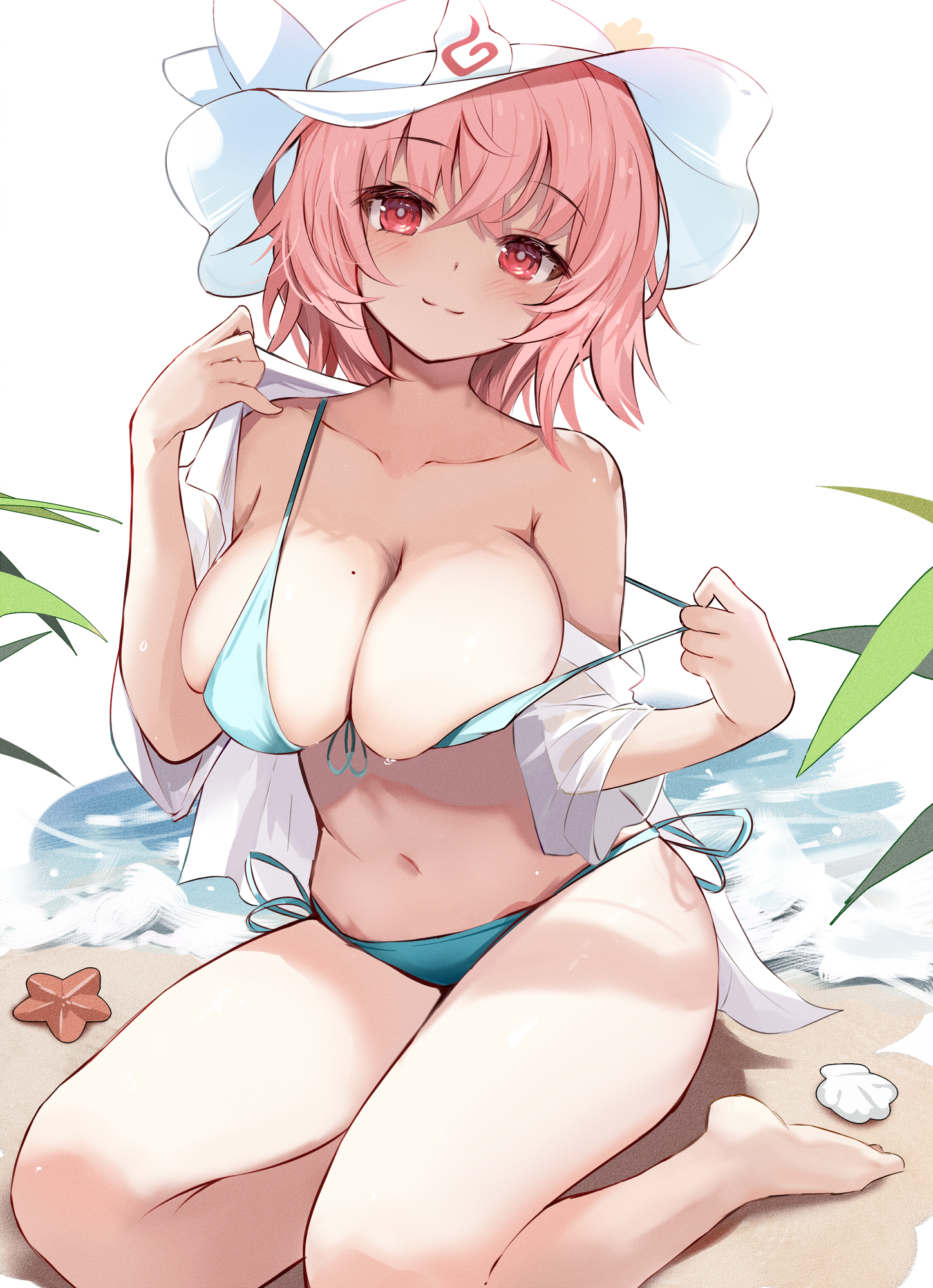 the image is a digital illustration of an animestyle girl with pink hair wearing a large sunhat. she's kneeling on a sandy beach near the ocean waves, in the process of taking off a white shirt to reveal a light teal bikini.  she has tanned skin and large breasts.  the overall style is suggestive and sexually appealing, with a focus on the girl's body. seashells and a starfish are visible on the sand in the foreground. the background suggests a sunny, summer day at the beach.