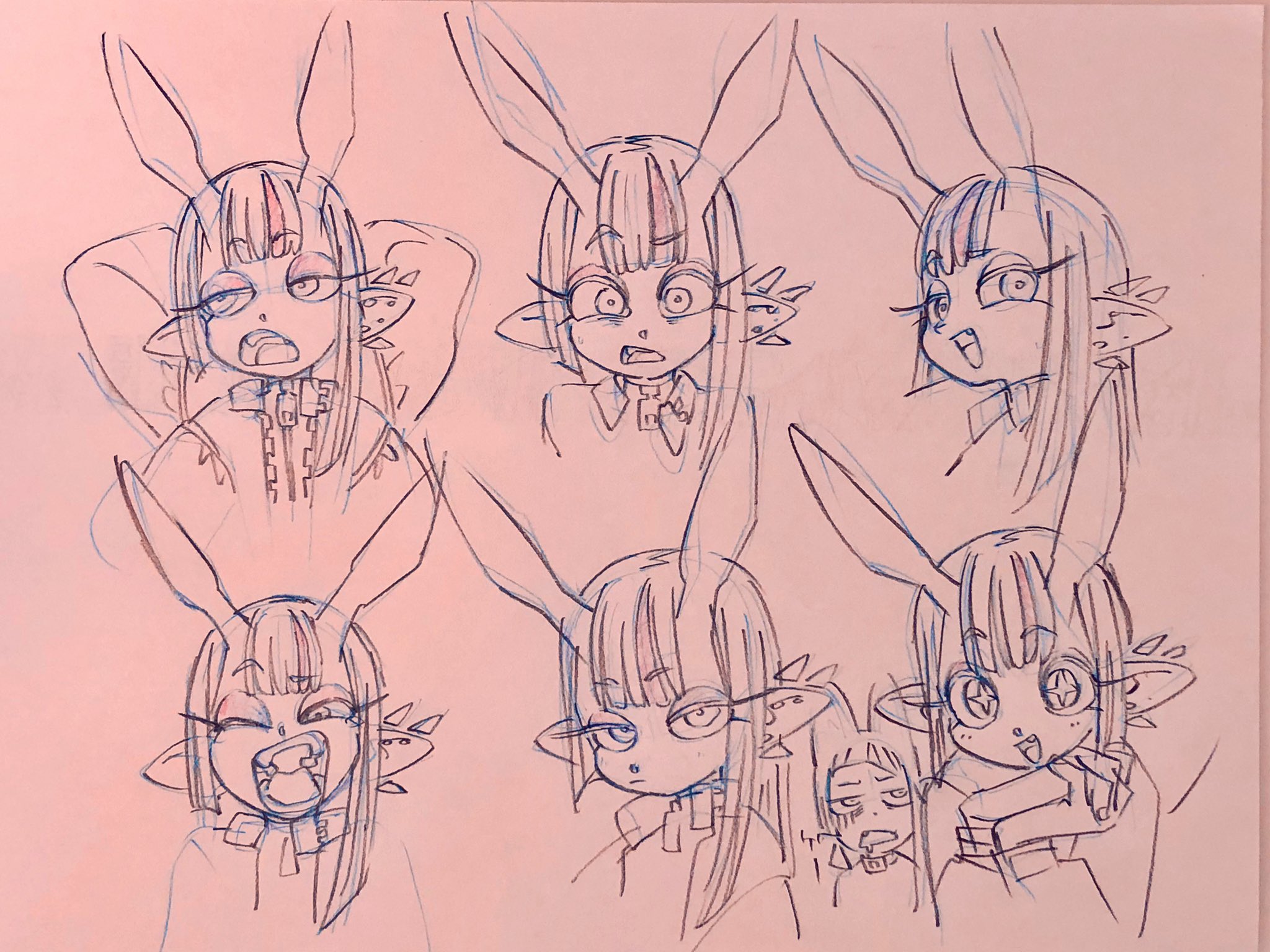 it is a character design sheet with 7 different expressions of a bunny girl. on the bottom right corner, there is also a tiny character looking tired.