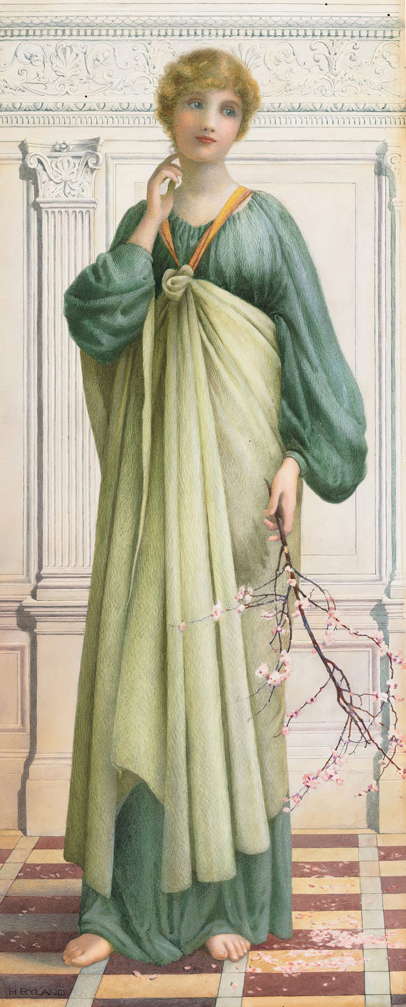 the image is a painting of a young woman in a classical grecian style, reminiscent of preraphaelite art. she is standing barefoot on a tiled floor. she is wearing a long, flowing green dress that drapes elegantly around her. a lighter, semitranslucent fabric is tied at her waist. the woman holds a blossoming branch with delicate pink flowers in her right hand. her fair skin and blond hair contrast with the green fabric. she has a thoughtful expression on her face and her left hand is raised to her chin in a gesture of contemplation. the background features a classical architectural element with a column and a frieze. the overall impression is one of serenity, beauty, and timeless elegance.