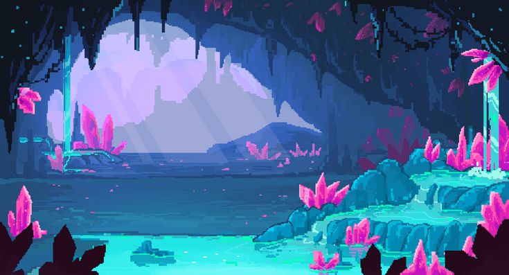 a pixel art landscape depicting a fantasy cave with pink crystals. the cave is lit with blue and purple light, and features a waterfall flowing into a pool of water. stalactites hang from the ceiling, and stalagmites rise from the ground. the scene has a mystical and otherworldly feel.