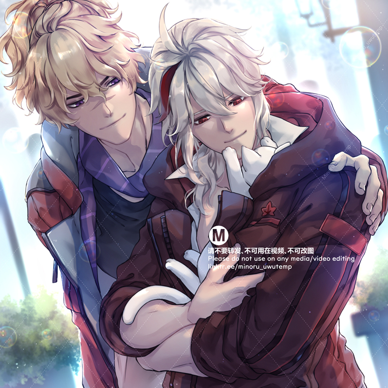 this is a beautiful illustration of two anime boys hugging each other. the one on the left has blond hair and blue eyes, while the one on the right has white hair and red eyes. they are both smiling and look very happy. the image is set in a soft background with some greenery, suggesting a warm and peaceful atmosphere. the art style is soft and delicate, and the colors are harmonious. overall, this is a beautiful and heartwarming image that captures the love and affection between two friends.