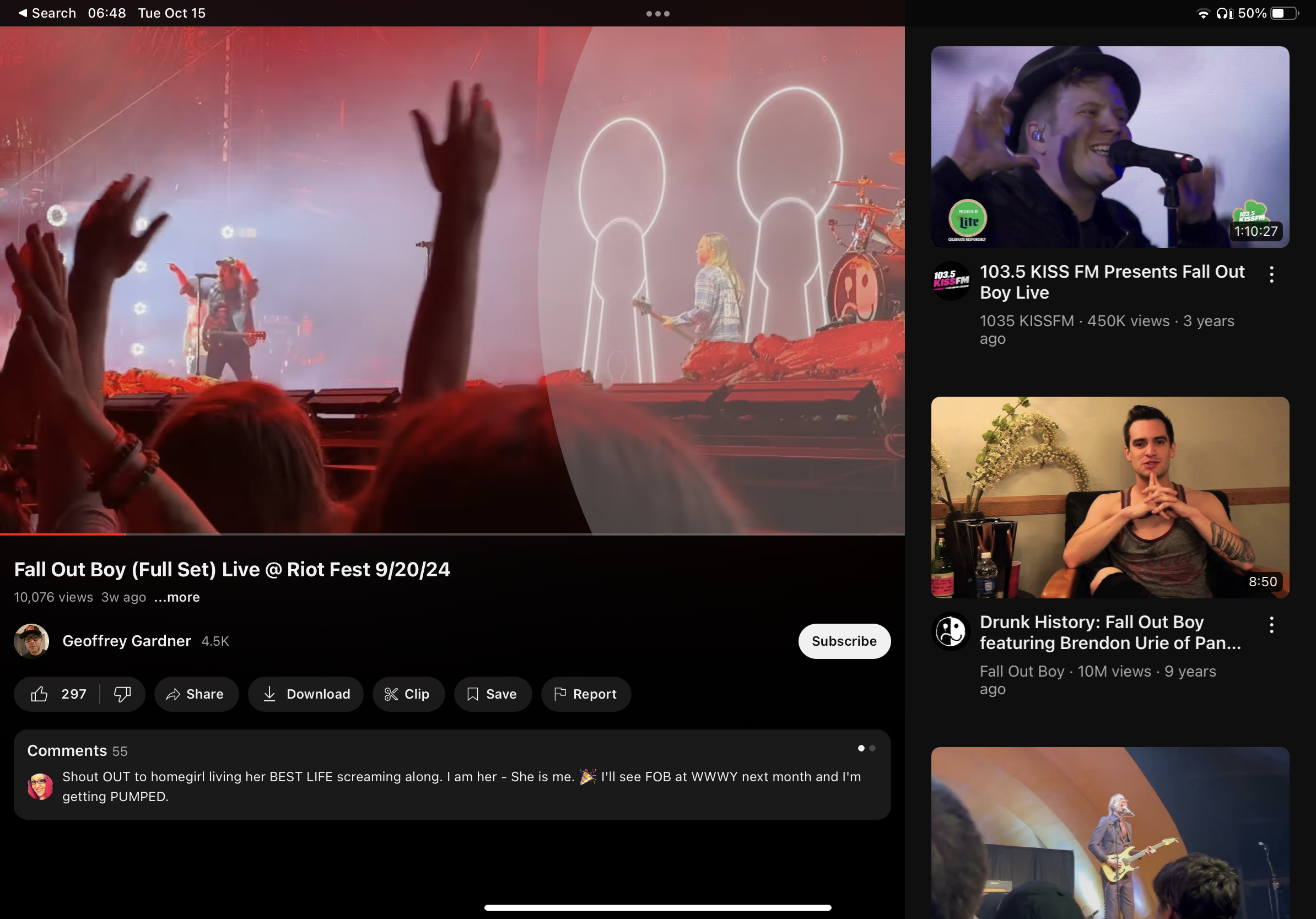this is a screenshot of a youtube video about fall out boy. the main video is showing a live performance at riot fest on september 20th, 2024. the video description is about a fan who is "living her best life" screaming along to the music.  below the main video are two videos from fall out boy's youtube channel. one is a live performance from kiss fm and the other is from drunk history featuring brendon urie from panic! at the disco.