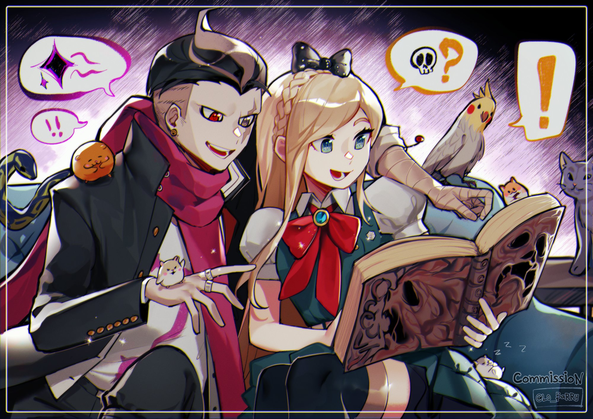 this anime style digital art illustration is of two popular danganronpa characters, komaeda nagito and hiyoko saionji, who are smiling at each other.  they are surrounded by their cute pets: a hamster, a cat, and a bird, and a spooky halloweenthemed book.  the scene is filled with spooky and cute imagery, reflecting the characters' personalities.