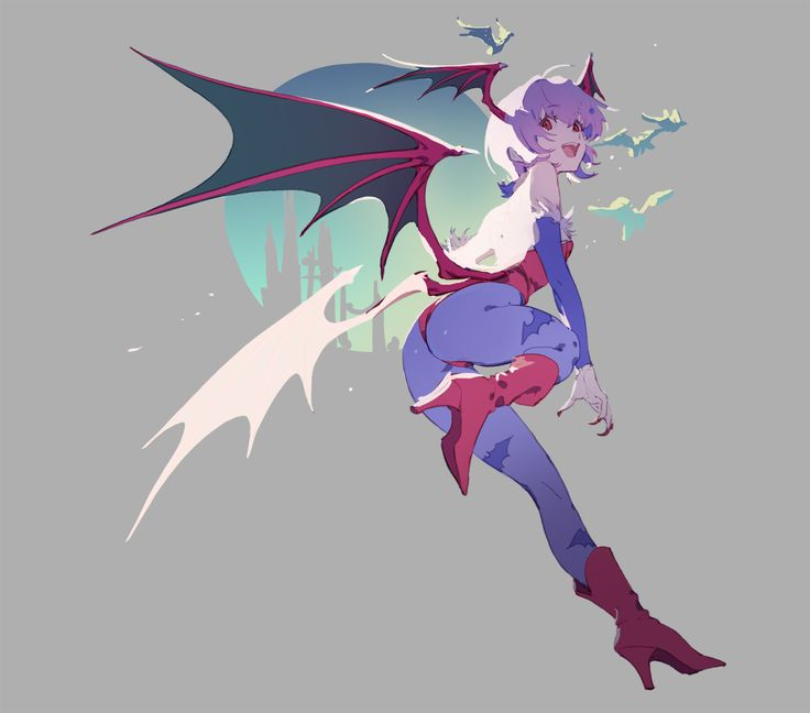 the image depicts a fullbody view of a female anime character. the character has lilac hair, fangs, claws, and large bat wings. she is wearing a reddishpink top, blue pants, and reddishpink boots. she is midair, as if flying. several small bats are also visible in the background. in the background, a partially visible castle looms behind a faded aqua circle. the overall style is colorful and stylized, resembling an anime or video game character. it is very likely this is morrigan aensland from the darkstalkers video game series.