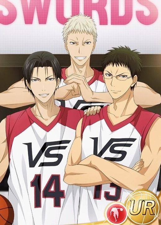 the image shows three anime boys in a basketball team. they are wearing jerseys and standing in a pose. all are looking towards the right. in the background, we can see a big pink sign with the word "swords". the boy in the middle is smiling and has blond hair. he is holding the other two boys' shoulders. the boy on the left is also smiling, and he has black hair. the boy on the right has brown hair and glasses.