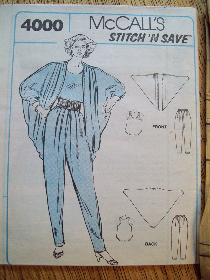 the image is a vintage mccall's sewing pattern, number 4000 from the "stitch 'n save" line. it features a fashion illustration of a woman wearing a jumpsuit with a wide belt, a cropped top, and a capelike garment. to the right of the illustration are schematic drawings of the garment pieces: a triangular cape front and back, a cropped tank top front and back, and a pair of pants front and back. the pattern appears to be from the 1980s, reflecting the style of that era.