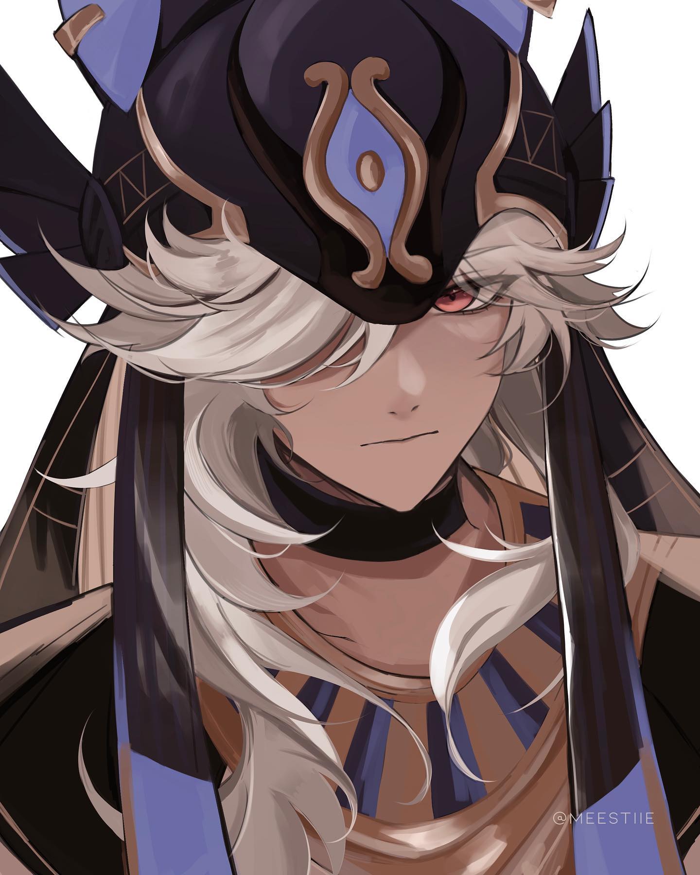 the image is a closeup digital fanart portrait of a male anime character. he has long, flowing white hair and is wearing an elaborate, fantasystyle headdress that is reminiscent of ancient egyptian designs. the headdress is dark with gold accents and blue details.  his clothing features similar gold and brown tones, possibly suggesting a regal or highstatus position.  the character has a serious, somewhat pensive expression. the art style is polished and detailed, with a focus on soft shading and highlighting. the overall aesthetic leans towards fantasy and elegance.  the style strongly suggests the artwork may be fan art of a character from a video game, possibly genshin impact, given the character's design.