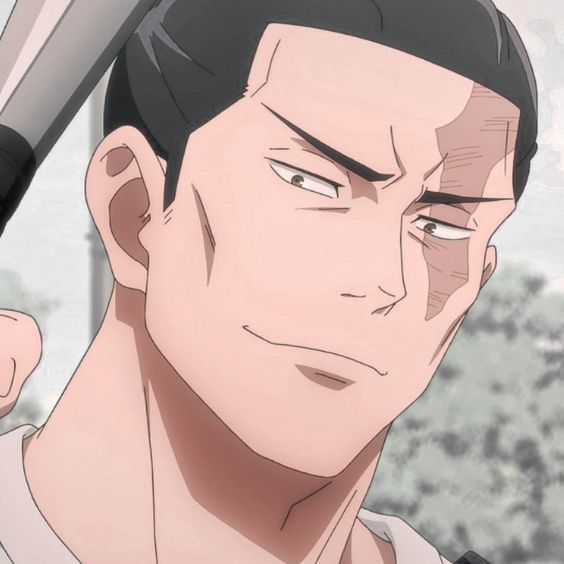 this is a digital drawing of a man with a smirk on his face. he has short black hair and a scar on his right cheek. he is holding a baseball bat over his shoulder. the drawing has a soft, pastel color palette.