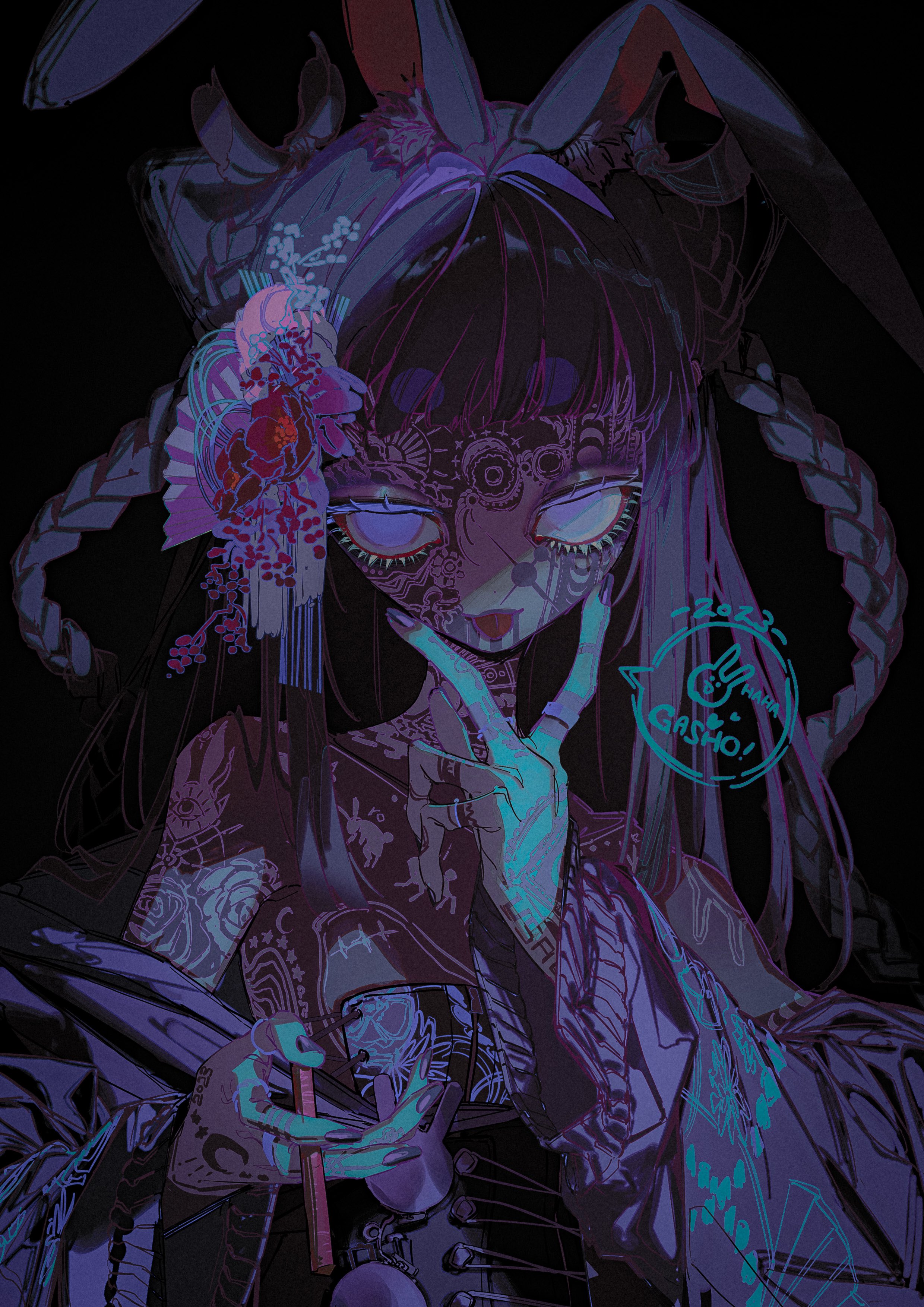a digital painting of an anime girl in a dark, mysterious, gothic aesthetic. she has long, black hair with bunny ears and is wearing a dark kimono and a lot of elaborate  tattoos. the girl’s eyes are wide and the girl's makeup is dark and gothicinspired. she appears to be holding a cigarette or some other long, slim object in her hand. the image is mostly dark,  with splashes of pink and purple color that create a sense of mystery and intrigue.