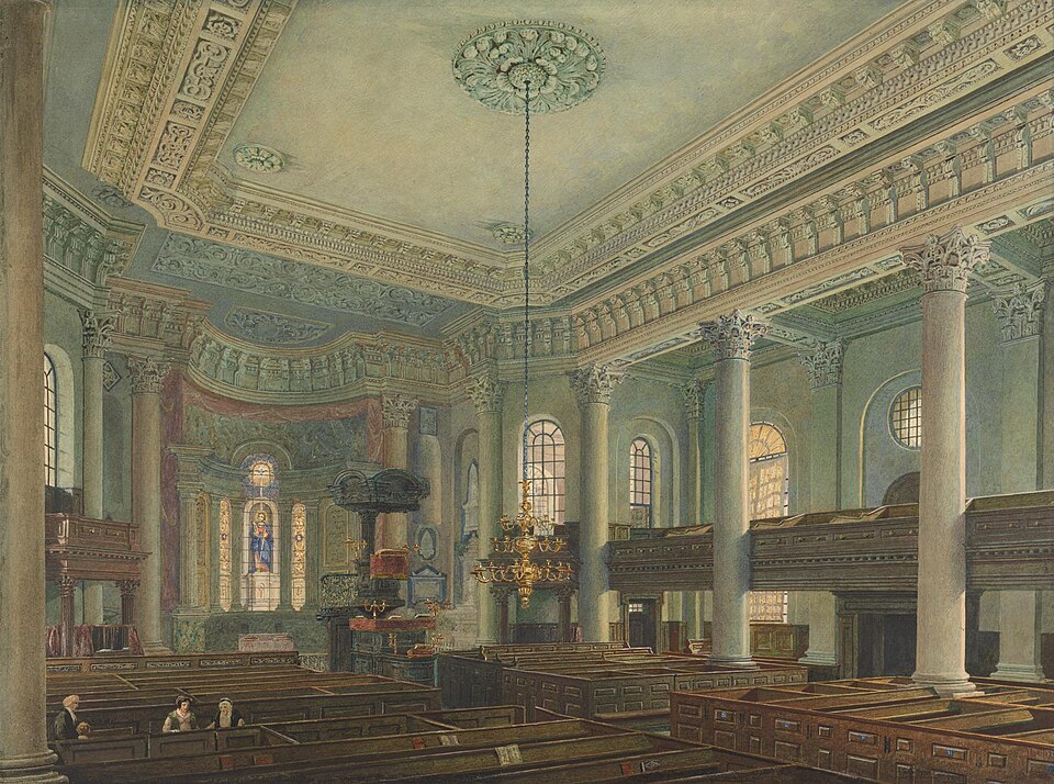 this is a painting of the interior of a church. the church is highly decorated with ornate ceilings and classical architectural details such as columns. pews are arranged in rows in the foreground. a stained glass window is visible at the far end. a chandelier hangs from the center of the ceiling. some people are seated in the pews. the image conveys a sense of historical and religious significance.