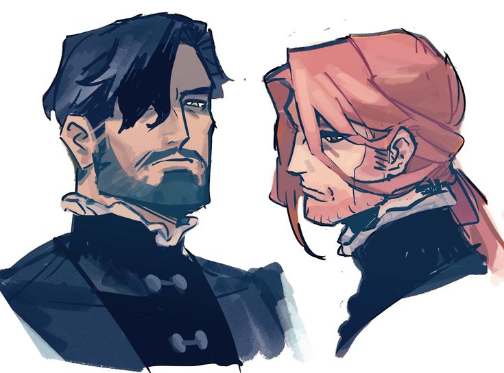 this is a digital illustration of two men, one with black hair and one with pink hair. they are both looking at each other, and the man with black hair has a slightly somber expression while the man with pink hair has a more relaxed one. they both have beards and are wearing clothing with ruffles. it seems to be a romantic illustration.